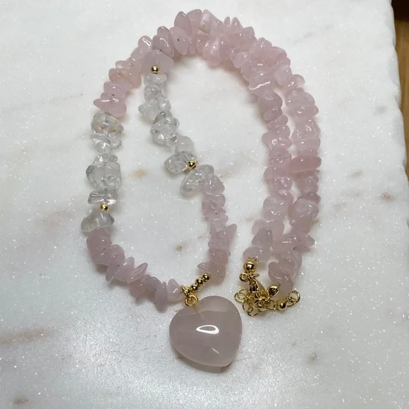 Rose Quartz Heart Pendant Beaded Necklace - Pink - Picture 5 of 9